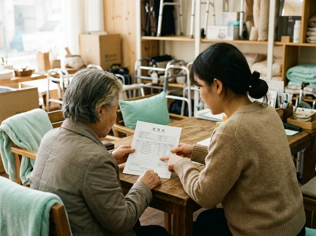 복지용구 사업소에서 상담받는 보호자와 상담원