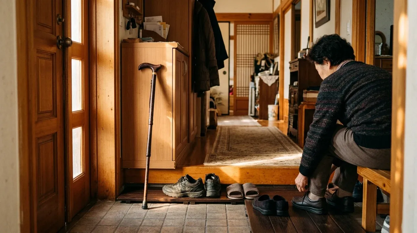 현관 앞에 놓인 신발과 지팡이